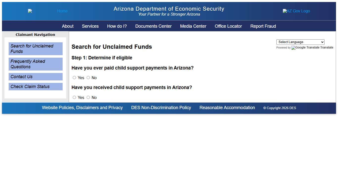 Department of Economic Security: Unclaimed Funds Eligibility